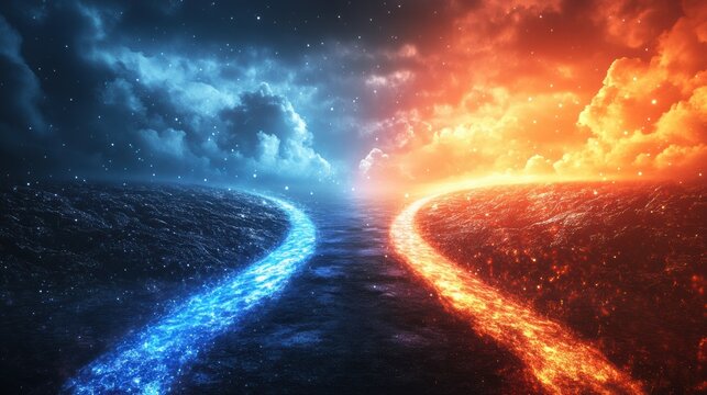 Two contrasting paths of fire and ice cross the mystical sky, symbolizing choice, opposition, and balance in nature.