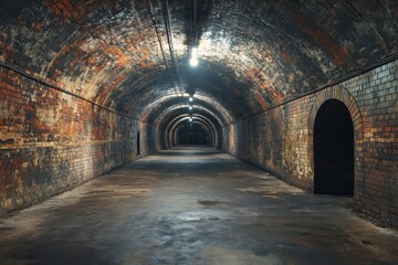 Obraz premium Dark, brick tunnel with arched ceiling and lighting. Ideal for mystery, suspense, or historical themes.