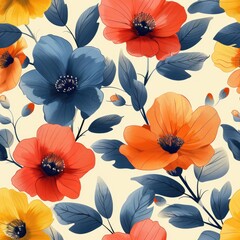 A vibrant floral pattern featuring blue, red, orange, and yellow flowers on a light background.