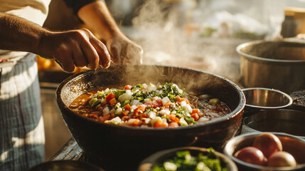 Cooking fresh vegetables in a traditional kitchen gathering