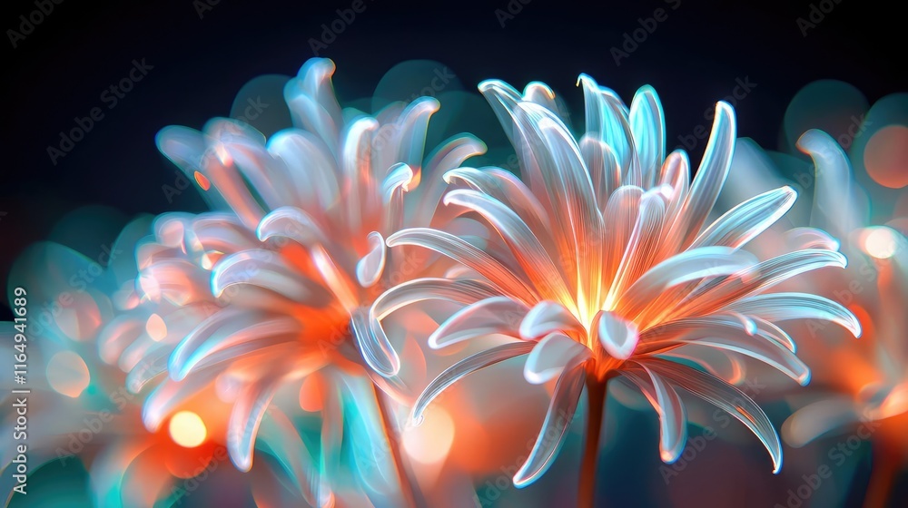 Poster fireworks abstract background concept. vibrant flowers with glowing petals and beautiful bokeh backg