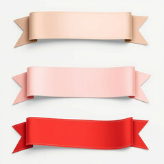 Elegant Ribbon Banners: Three stylish ribbon banners in soft pink, beige and bold red, perfect for adding a touch of elegance to your designs.  These versatile elements are ideal for announcements.
