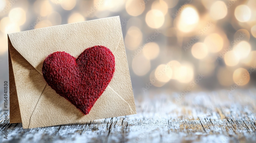 Aufkleber handmade envelope with a felt heart on a rustic wooden table against a blurred bokeh background