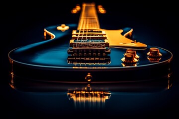 Close-up of a glossy electric guitar with gold hardware reflecting on a dark surface.