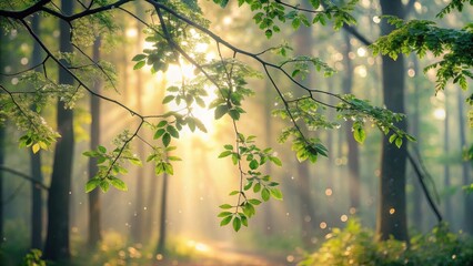 Golden sunlight filtering through lush green leaves in a tranquil forest setting, creating a magical and serene atmosphere