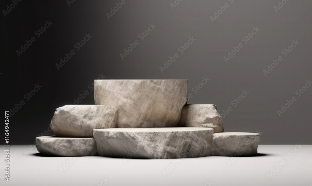 Poster marble stone podium structures arranged creatively on a solid background showcasing a modern display