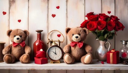 Romantic Valentine s Day Still Life Teddy Bears Roses Clock Gifts