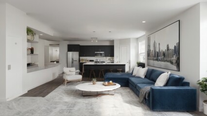 "Modern and Spacious Living Room with High Ceiling, Recessed Lighting, Large Chandelier, White Walls, and Gray Area Rug."