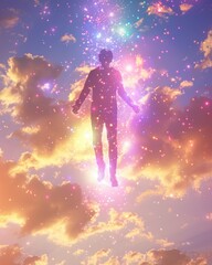 Fototapeta premium Silhouette of a man levitating in a colorful, celestial sky filled with sparkling particles and clouds.