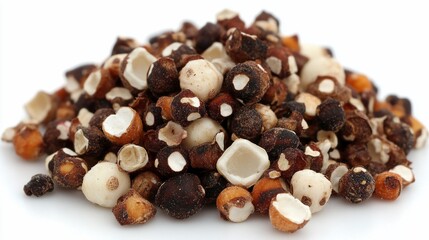 Obraz premium Close-up of a pile of popped foxtail millet seeds, some showing white interiors against a white background.