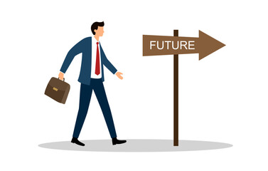 Businessman confidently choose to move forward to the future in flat design on white background.