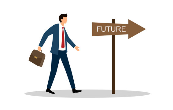 Businessman confidently choose to move forward to the future in flat design on white background.
