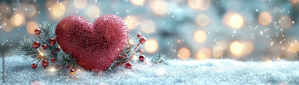 Poster shimmering red heart on snowy surface surrounded by pine branches and bokeh lights for romantic occa