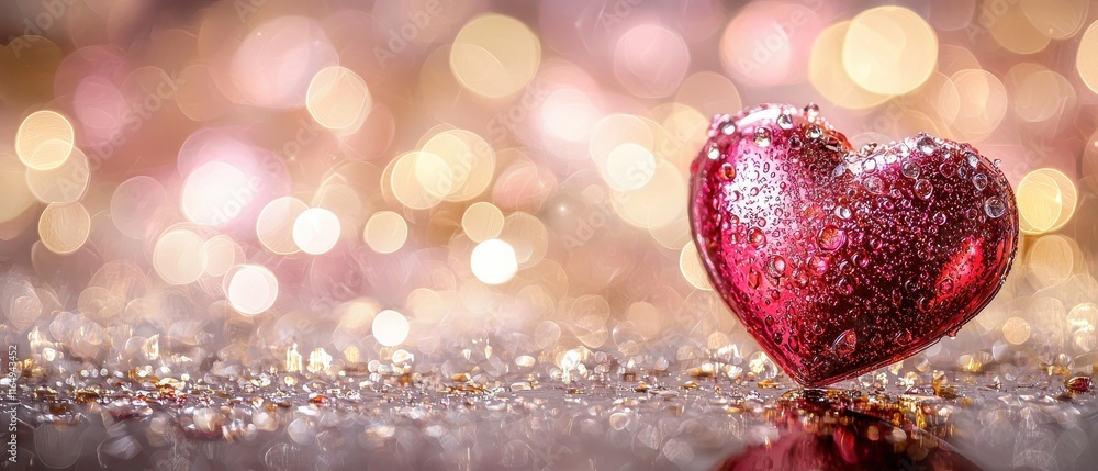 Poster shiny red heart with raindrops on glittery surface and blurred colorful bokeh background for romanti