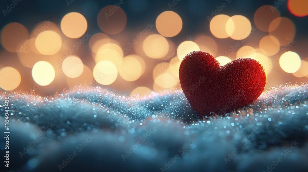 Aufkleber soft red heart on a sparkling snowy surface with dreamy bokeh lights in the background