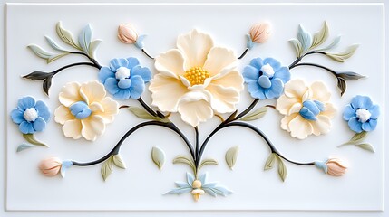 Elegant  D Floral Relief Panel  Blue  Beige Flowers  Leaves