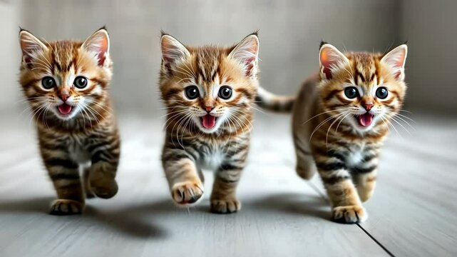 Playful striped kittens running together on a wooden floor in a bright indoor space during the day