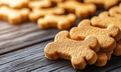 Close-up of dog biscuits on wood.