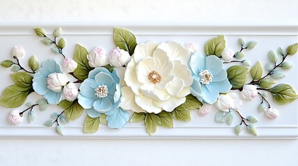 D Floral Relief  White and Blue Porcelain Flowers  Decorative Wall Art