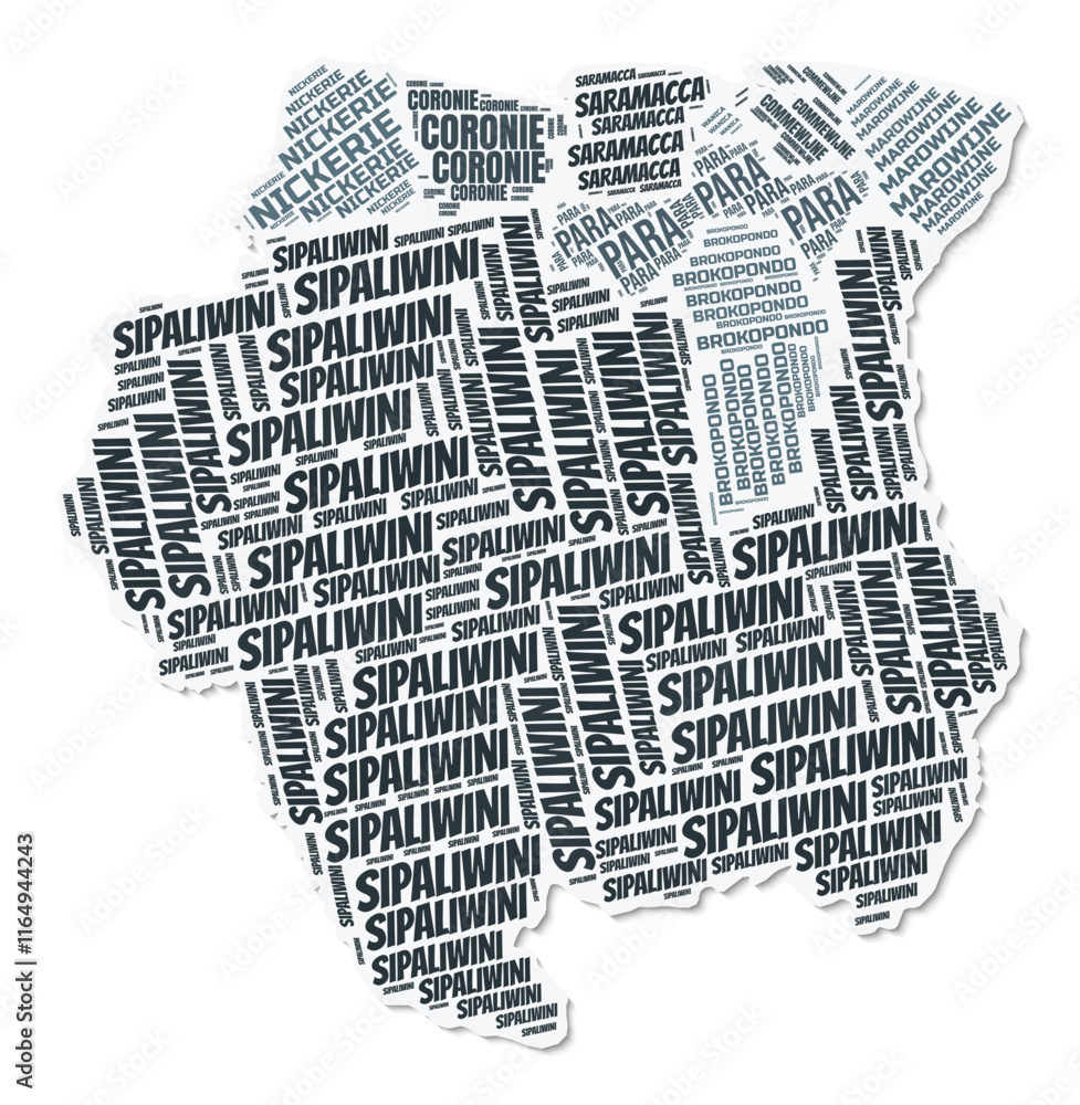 Poster suriname shape text cloud. country border with shadow on white background. suriname with regions div