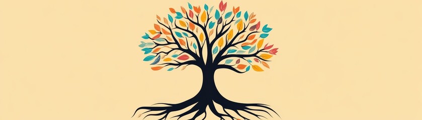 Obraz premium Colorful Artistic Tree Design with Leaves and Roots on Beige Background