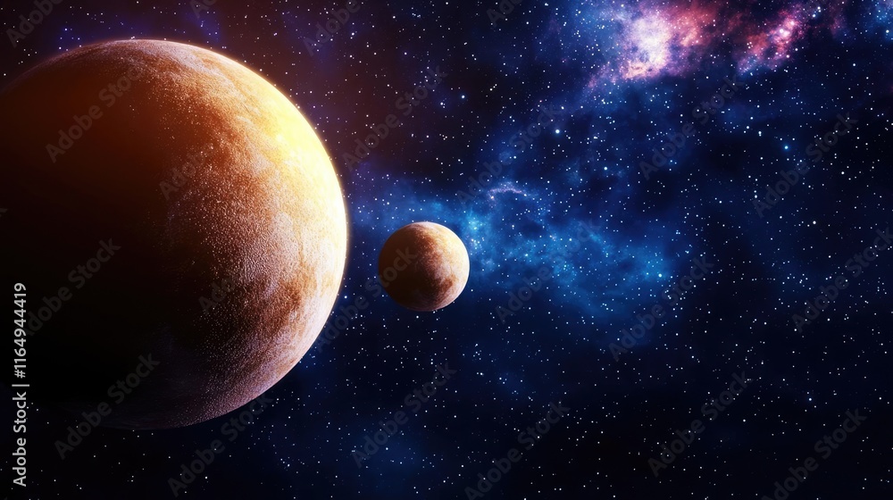 Poster cosmic abstract background concept. a vivid depiction of two planets in a cosmic backdrop, highlight