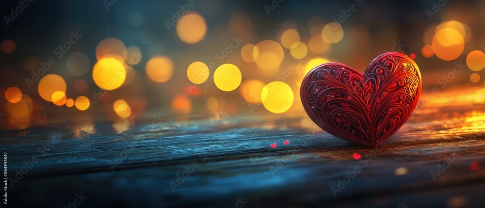 Poster artistic red heart on wooden surface surrounded by soft glowing bokeh lights in a romantic setting