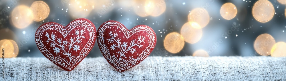 Aufkleber two beautiful red hearts with elegant patterns against a soft bokeh background for romantic themes
