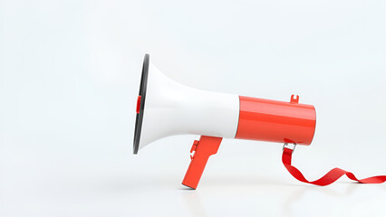 Classic red and white megaphone isolated on a plain white background, symbolizing public speaking, important announcements, and loud communication