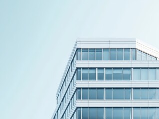 Modern building corner with glass windows against a clear sky.