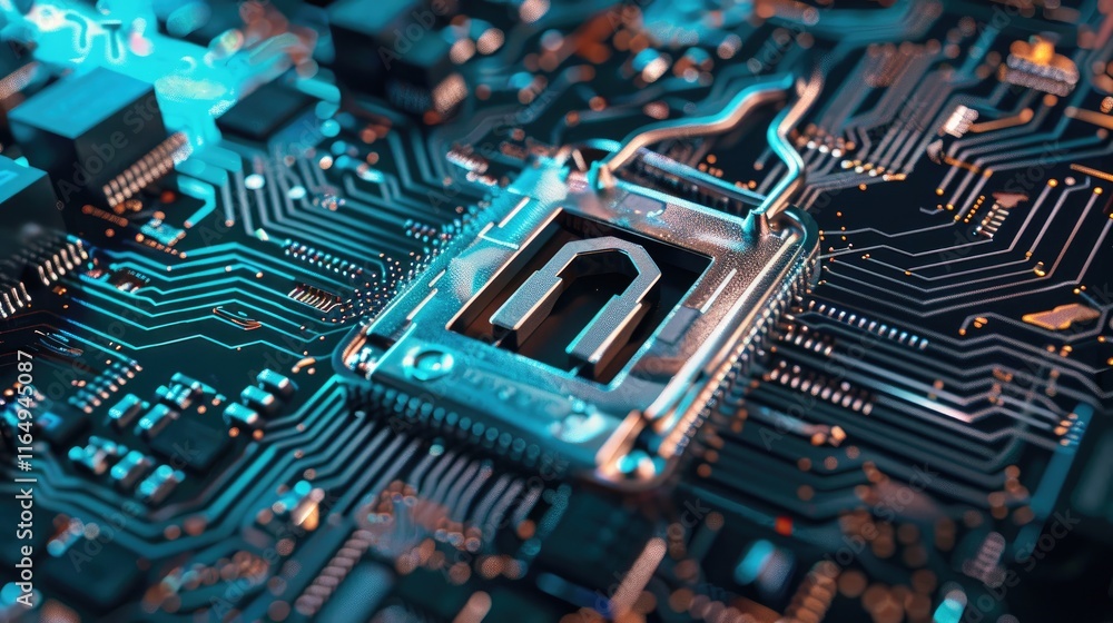Aufkleber close-up of a circuit board with a lock symbol, representing cybersecurity technology.