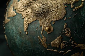 Obraz premium Close-up of ornate golden Asia on a dark green globe.