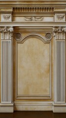 Obraz premium Classical-Style Building Facade with Ornate Carvings and Arched Window Amidst Neutral Tones