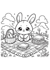 Coloring book cute rabbit picnic