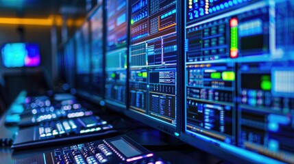 A high-tech control room with multiple screens displaying data and graphics.