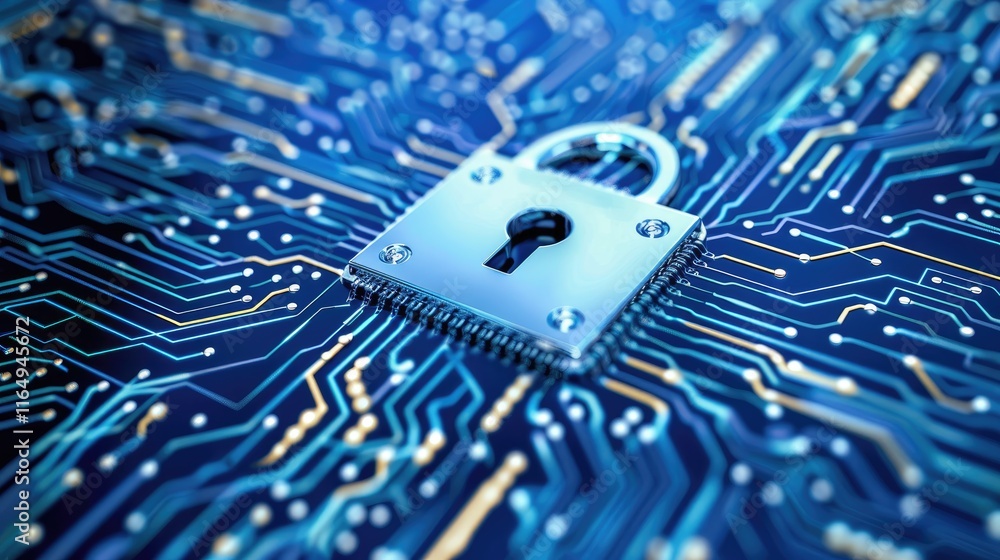 Poster a digital padlock on a circuit board, symbolizing cybersecurity and data protection.