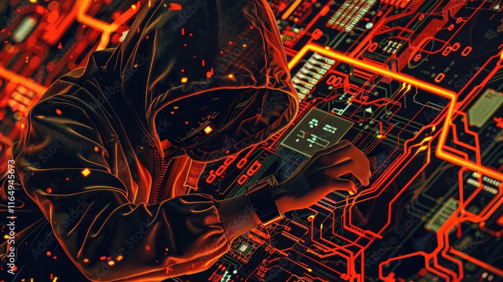 Poster a hooded figure interacts with a glowing circuit board, symbolizing technology and hacking.