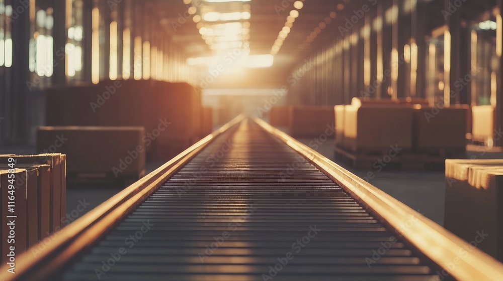 Poster conveyor belt transporting empty crates in large warehouse during sunset with warm lighting and orga
