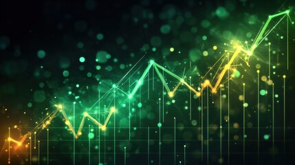 Dynamic green and gold graph illustrating market growth trends, showcasing data analytics insights and financial success for strategic planning.