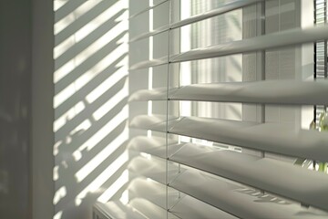 Obraz premium Contemporary white radiator close-up in a sunlit apartment, with soft shadows and modern design 