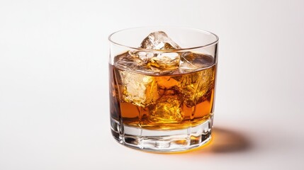 Whiskey cocktail in a glass with ice cubes on a clean white background showcasing elegance and sophistication