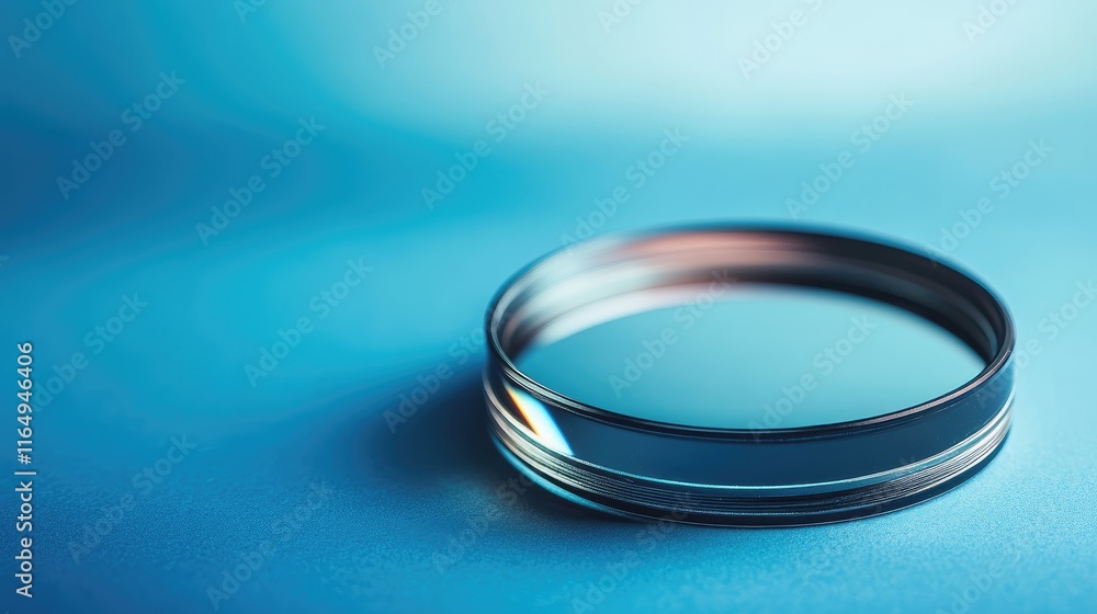 Poster convex lens on blue surface with backlighting highlighting optical properties and reflections