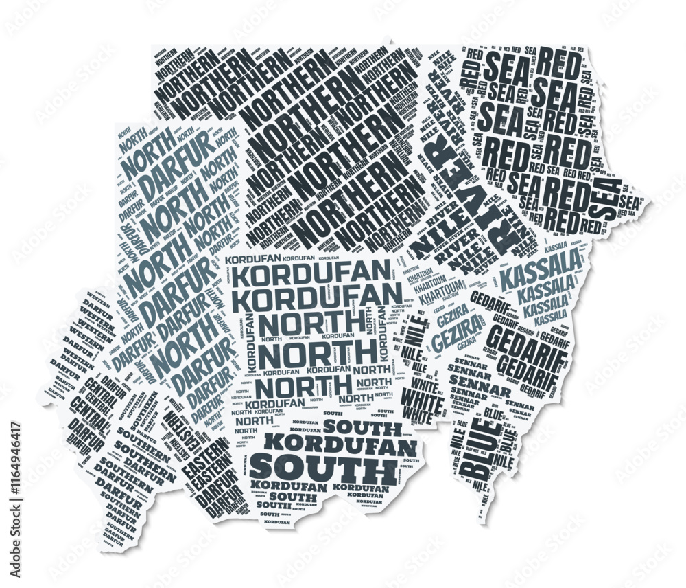 Poster sudan shape text cloud. country border with shadow on white background. sudan with regions division 