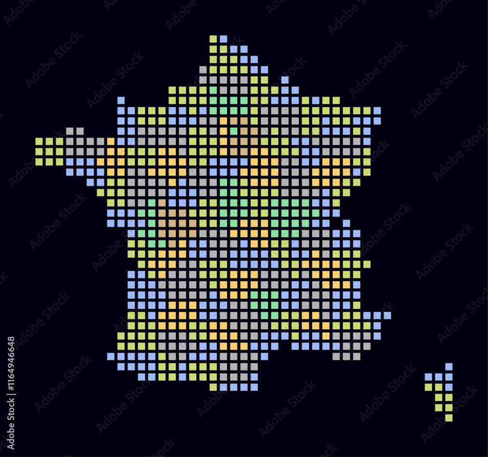 Poster france dotted map. digital style map of the country on a dark background. france shape with square d