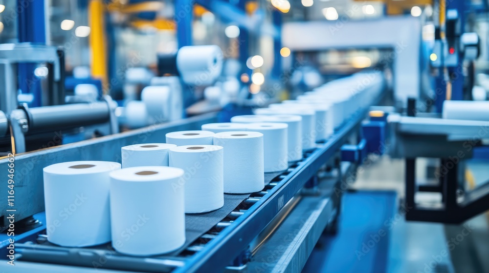Poster automated production line with conveyor belt transporting rolls of toilet paper in modern factory se