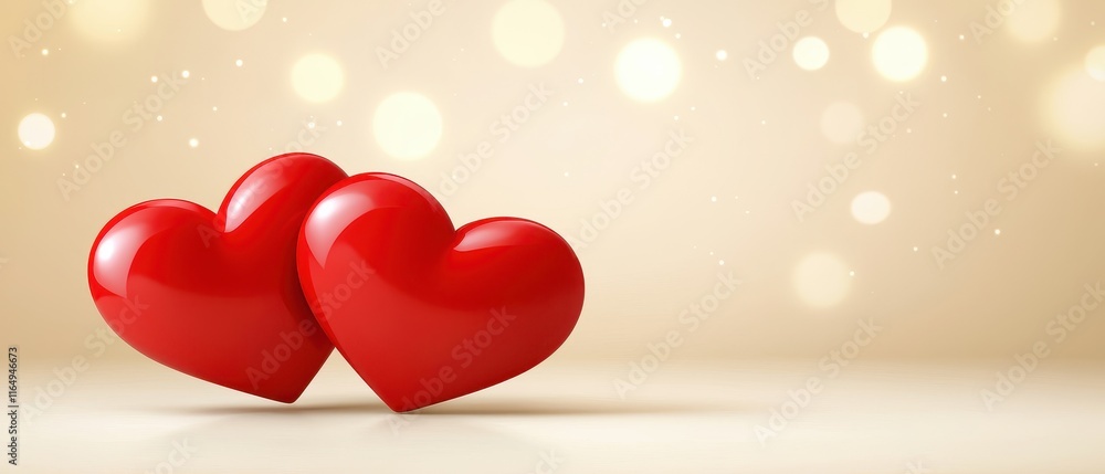 Aufkleber two glossy red hearts on a soft beige background with subtle bokeh effect for romantic themes