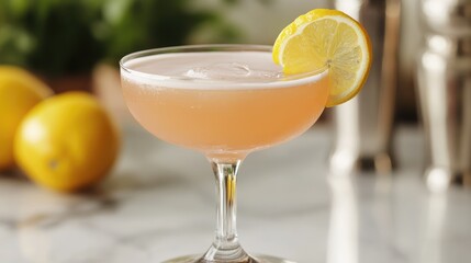 Elegant cocktail preparation showcasing a refreshing drink garnished with lemon slice on a marble countertop with blurred background.