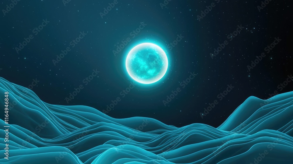 Poster cosmic abstract background concept. a futuristic representation of waves with a glowing orb in a dar