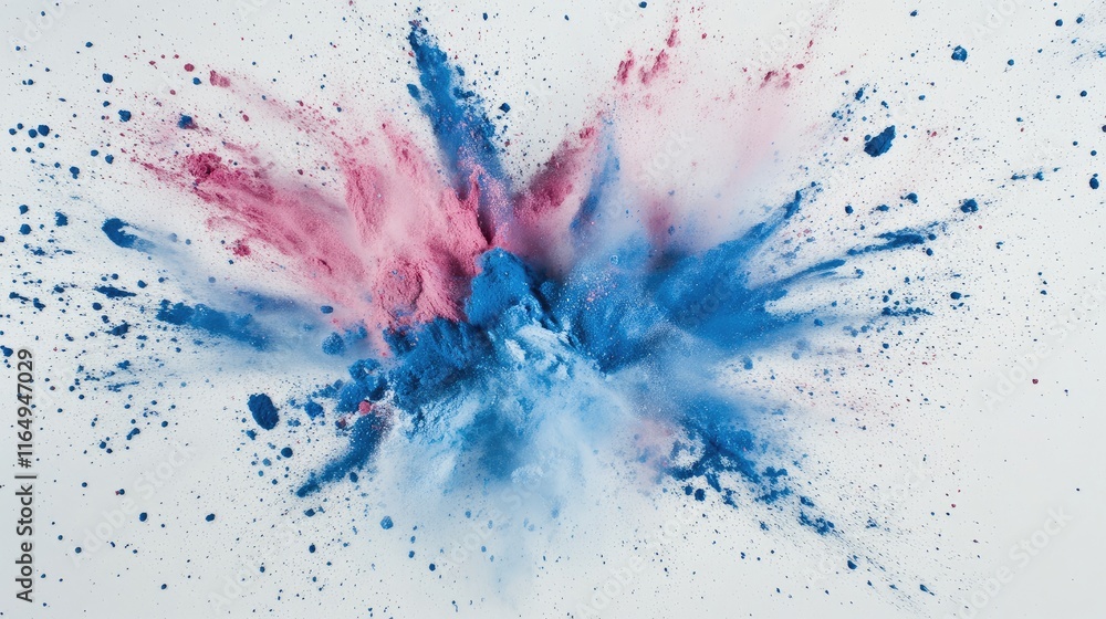 Poster vibrant colorful powder explosion creating abstract texture on grey background with dynamic particle