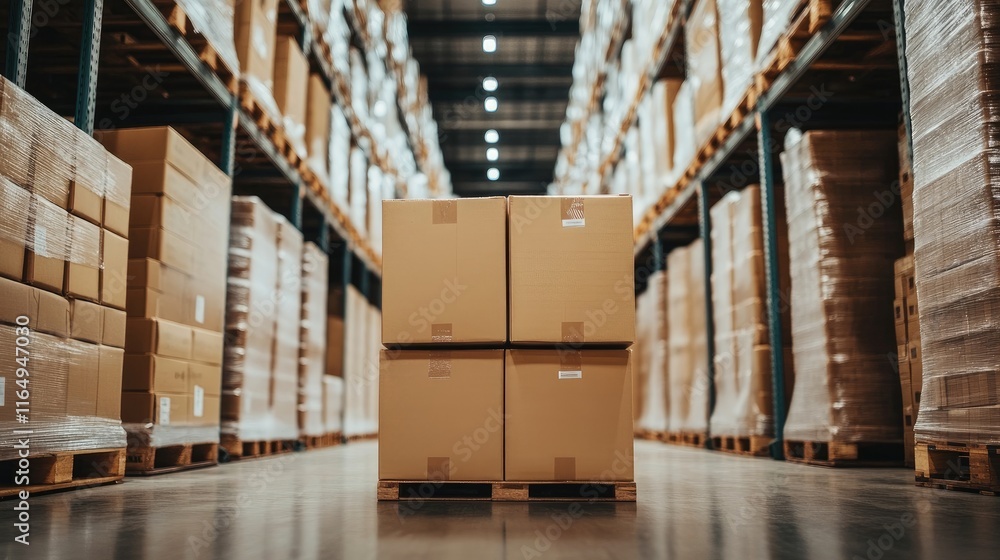 Poster Efficient modern warehouse with conveyor rollers and neatly stacked boxes on pallets for streamlined logistics and storage operations